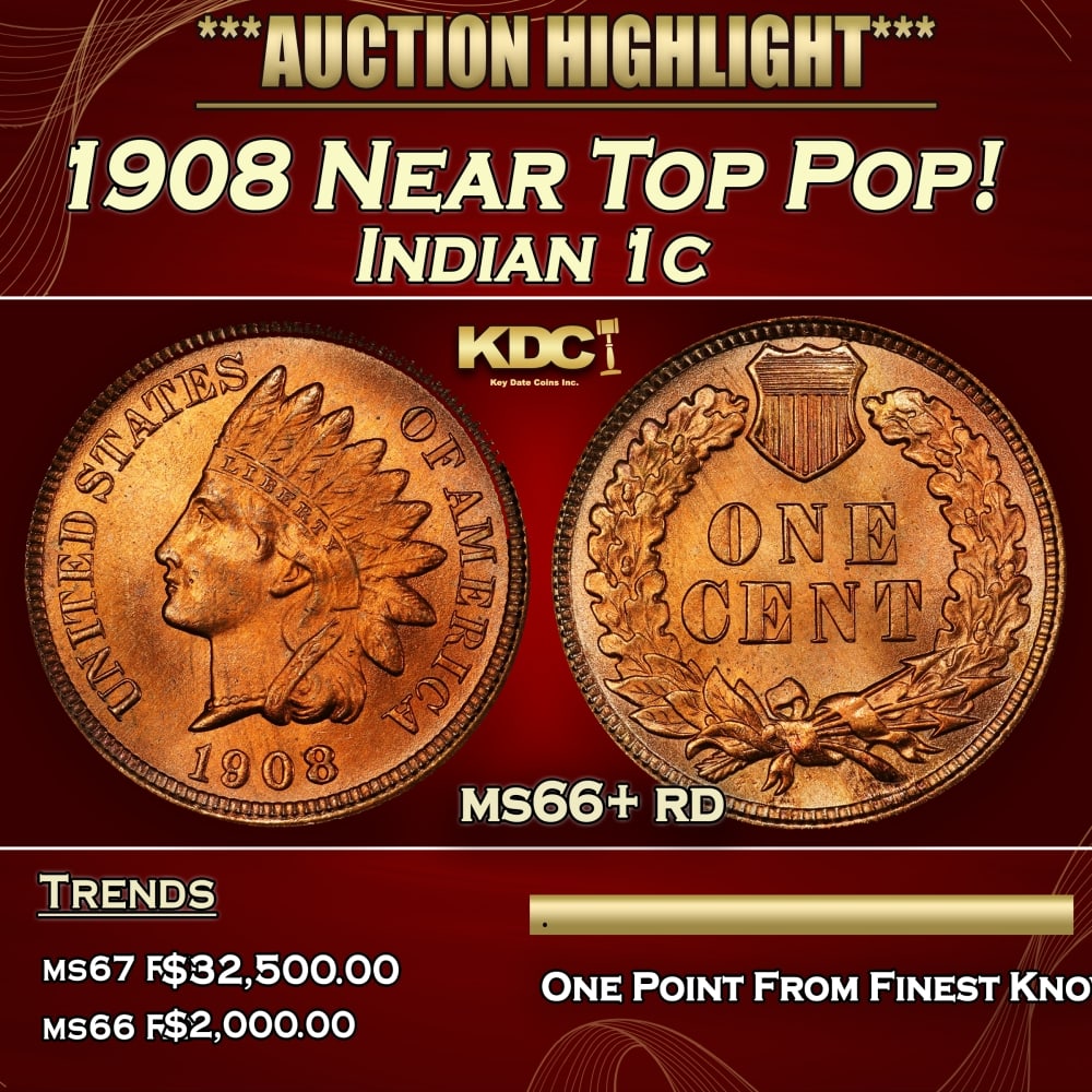 1908 Indian Cent Near Top Pop! 1c ms66+ rd SEGS: 1908 Near Top Pop! Indian Cent 1c ms66+ rd SEGS. Historic precious metal trends is causing increased spot pricing by the day. On auctions with set openings, we are doing our best to have items priced