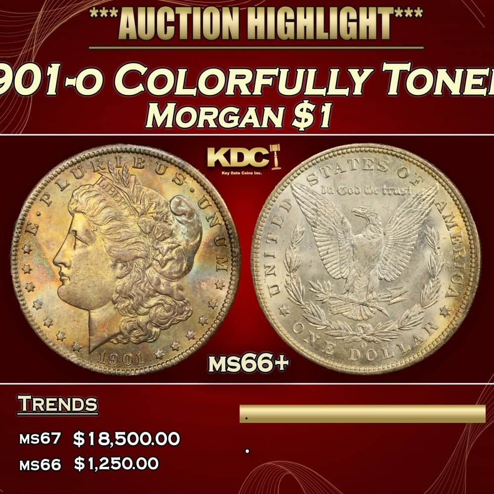 1901-o Morgan Dollar Colorfully Toned 1 ms66+ SEGS: 1901-o Colorfully Toned Morgan Dollar 1 ms66+ SEGS. Historic precious metal trends is causing increased spot pricing by the day. On auctions with set openings, we are doing our best to have items pric
