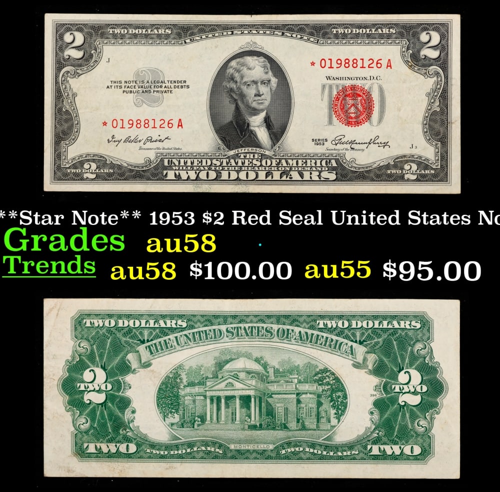 **Star Note** 1953 $2 Red Seal United States Note Grades Choice AU/BU Slider (1 of 3)
