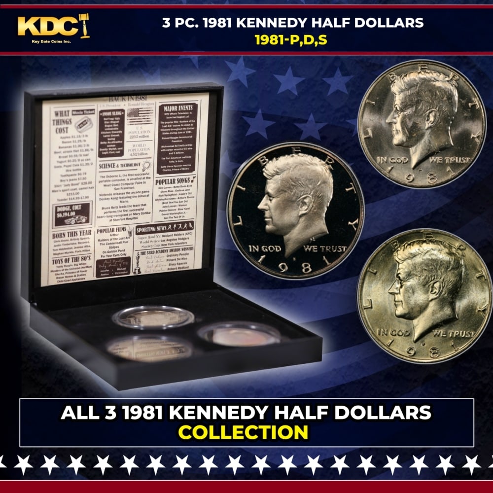 Complete 3 PC. 1981 Kennedy Half Dollar 50c set In Custom Box W/ Special Backer Card BU & Proof: Complete 3 PC. 1981 Kennedy Half Dollar 50c set In Custom Box W/ Special Backer Card BU & Proof COOL!. Please Note All Backer Cards may have slight differences but will be very similar if not identica