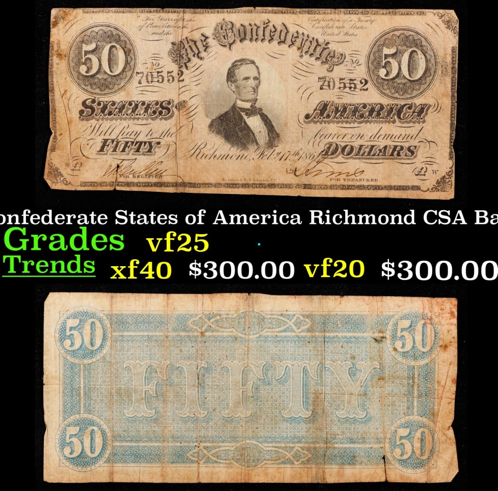 1864 $50 Confederate States of America Richmond CSA Bank Note T-66 Grades vf25 (1 of 3)