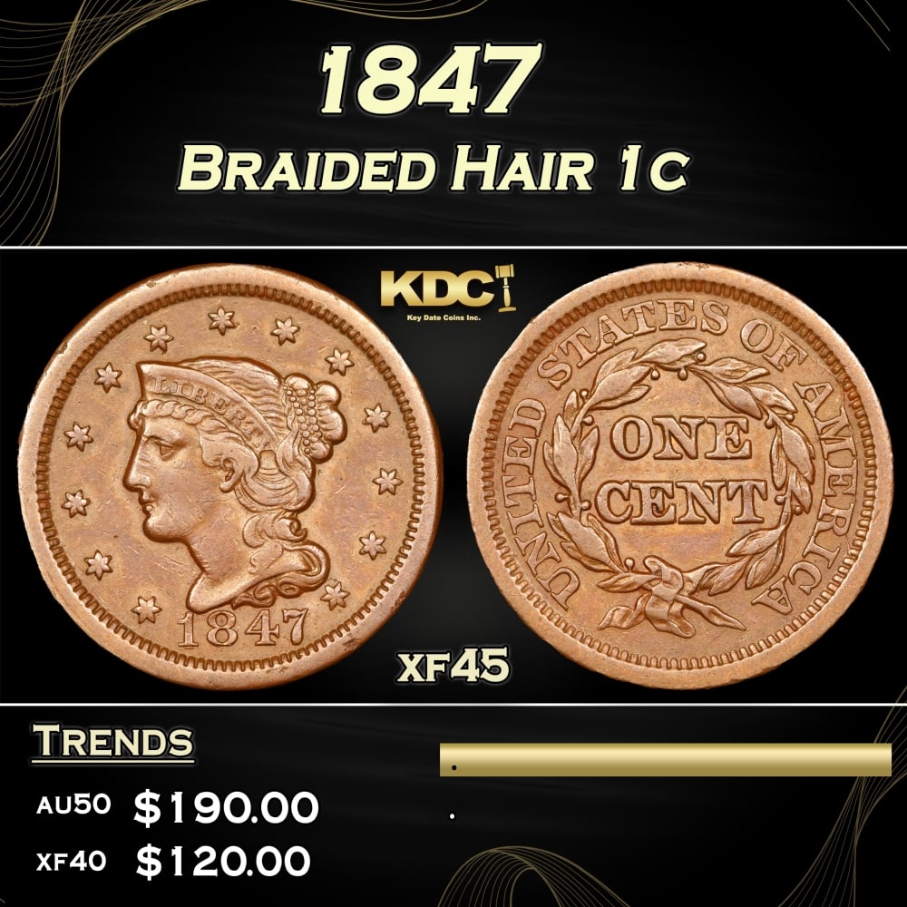 1847 Braided Hair Large Cent 1c Grades xf45: 1847 Braided Hair Large Cent 1c Grades xf45. 0 Historic precious metal trends is causing increased spot pricing by the day. On auctions with set openings, we are doing our best to have items priced at