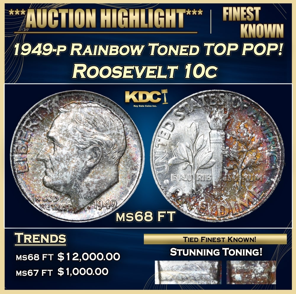 1949-p Roosevelt Dime Rainbow Toned TOP POP! 10c ms68 FT SEGS: 1949-p Rainbow Toned TOP POP! Roosevelt Dime 10c ms68 FT SEGS. 0 Historic precious metal trends is causing increased spot pricing by the day. On auctions with set openings, we are doing our best to ha