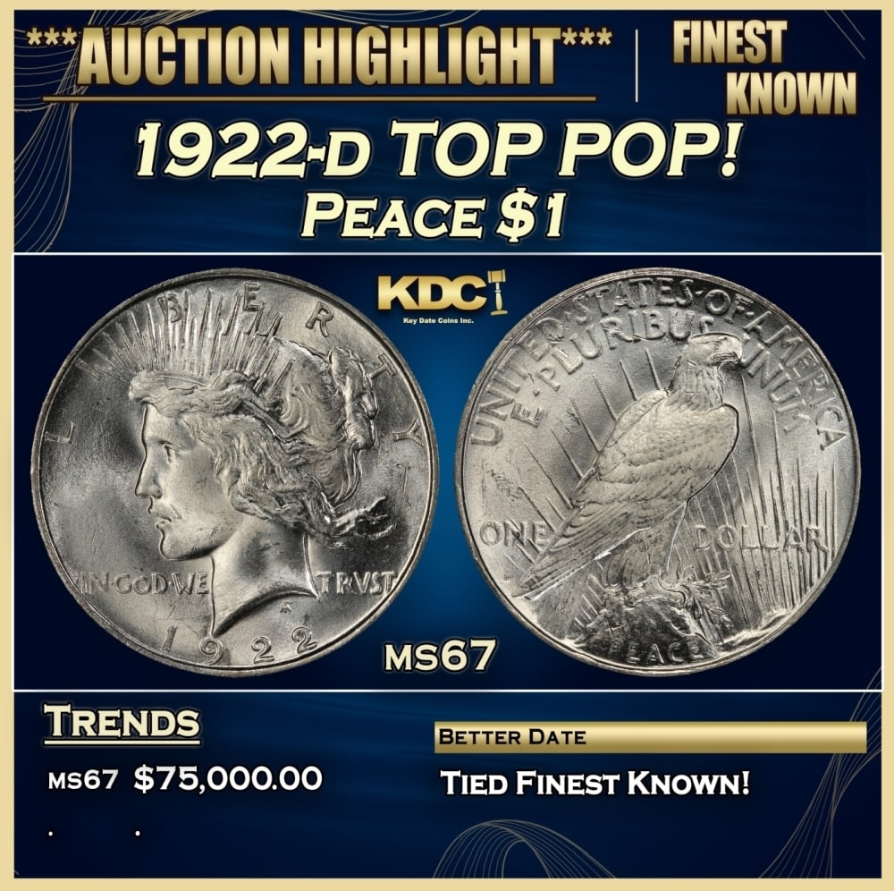 1922-d Peace Dollar TOP POP! 1 ms67 SEGS: 1922-d TOP POP! Peace Dollar 1 ms67 SEGS. Historic precious metal trends is causing increased spot pricing by the day. On auctions with set openings, we are doing our best to have items priced at thei