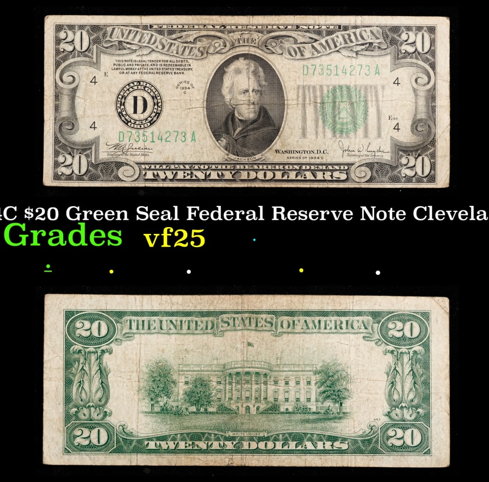 1934C $20 Green Seal Federal Reserve Note Cleveland,OH Grades vf+: 1934C $20 Green Seal Federal Reserve Note Cleveland,OH Grades vf+. Historic precious metal trends is causing increased spot pricing by the day. On auctions with set openings, we are doing our best to