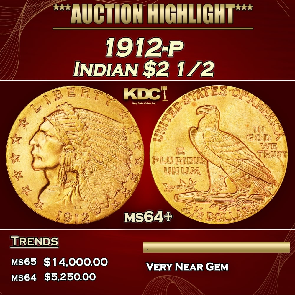 1912-p Gold Indian Quarter Eagle 2.5 ms64+ SEGS: 1912-p Gold Indian Quarter Eagle 2.5 ms64+ SEGS. Historic precious metal trends is causing increased spot pricing by the day. On auctions with set openings, we are doing our best to have items priced