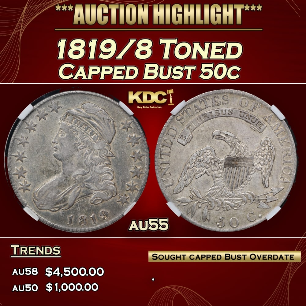 1819/8 Capped Bust Half Dollar Toned 50c au55 PGA (1 of 5)