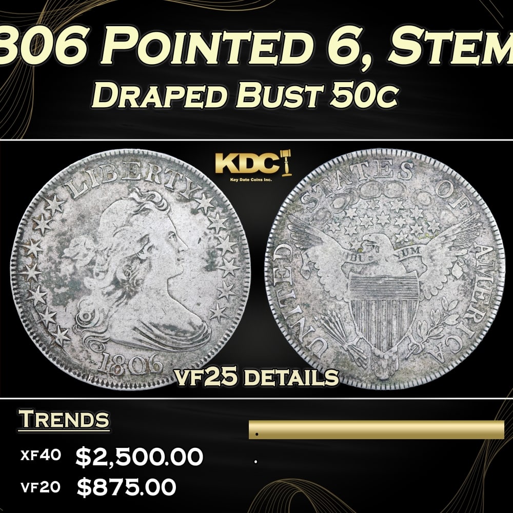 1806 Draped Bust Half Dollar Pointed 6, Stem 50c Grades vf25 details: 1806 Pointed 6, Stem Draped Bust Half Dollar 50c Grades vf25 details. 0 Historic precious metal trends is causing increased spot pricing by the day. On auctions with set openings, we are doing our bes