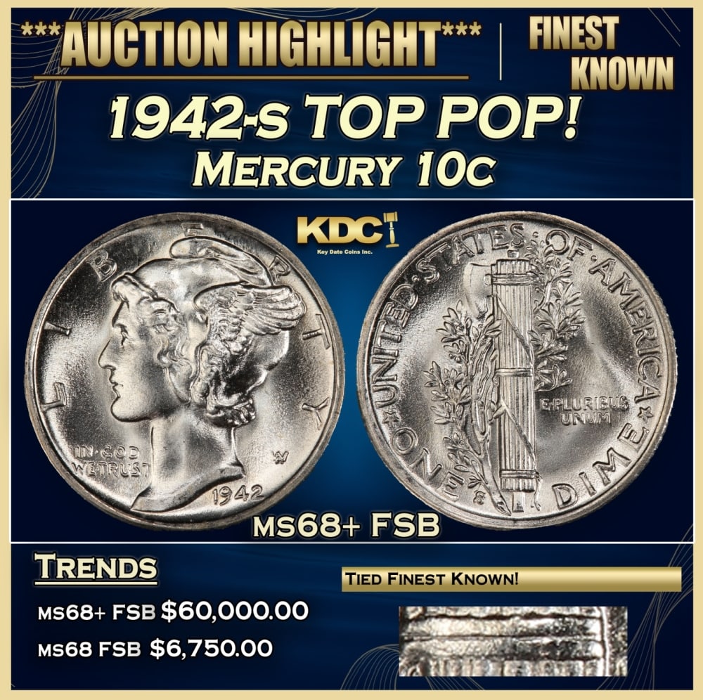 1942-s Mercury Dime TOP POP! 10c ms68+ FSB SEGS: 1942-s TOP POP! Mercury Dime 10c ms68+ FSB SEGS. Historic precious metal trends is causing increased spot pricing by the day. On auctions with set openings, we are doing our best to have items priced