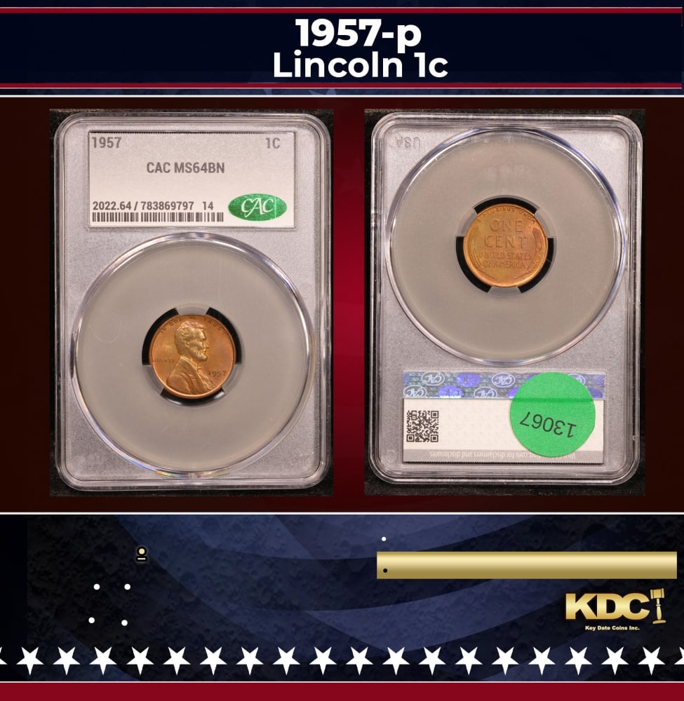 CACG 1957-p Lincoln Cent 1c ms64 bn CACG: CACG 1957-p Lincoln Cent 1c ms64 bn CACG. 0 Historic precious metal trends is causing increased spot pricing by the day. On auctions with set openings, we are doing our best to have items priced at th