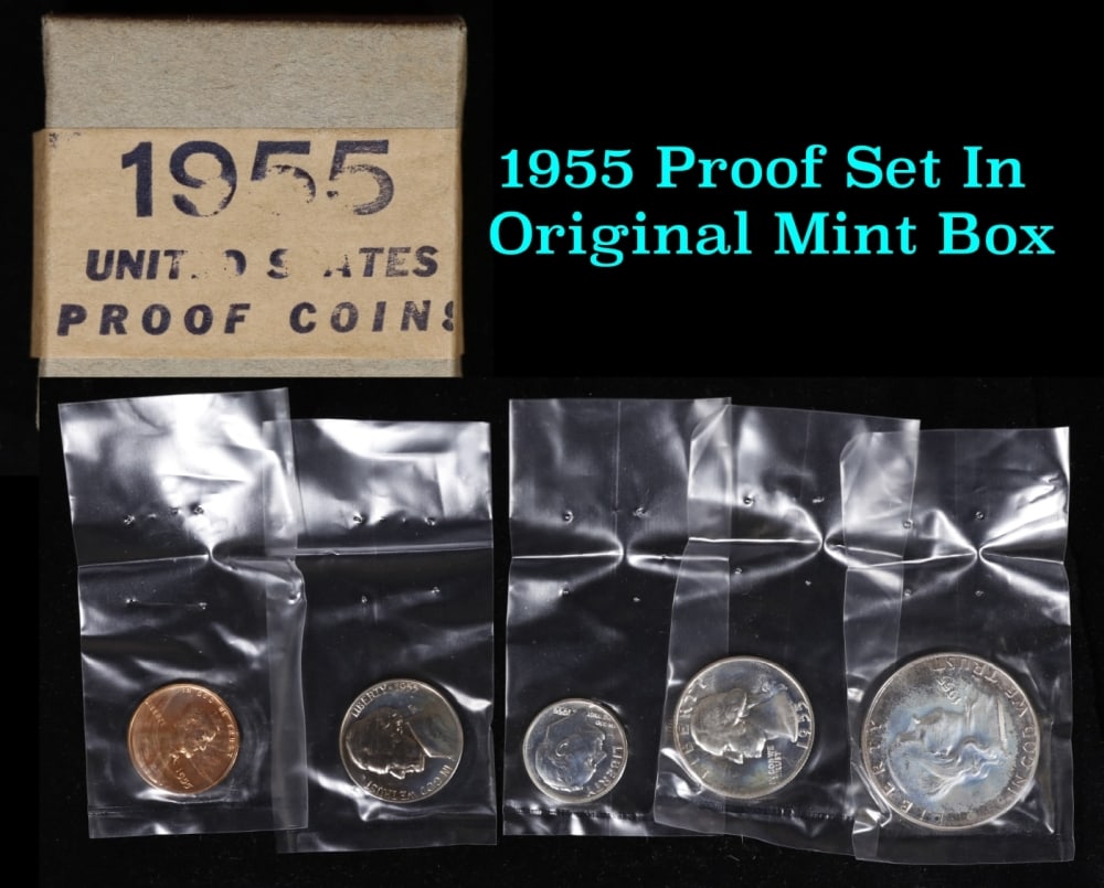 1955 United States Mint Proof Set - 5 Coins Included - Original Box: 1955 United States Mint Proof Set - 5 Coins Included - Original Box. 1955 United States Mint Proof Set with 5 coins. "Post-War" proof sets from 1950 to 1964 were produced exclusively at the Philadelph