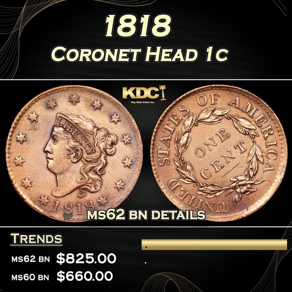 1818 Coronet Head Large Cent 1c ms62 bn details SEGS (1 of 3)