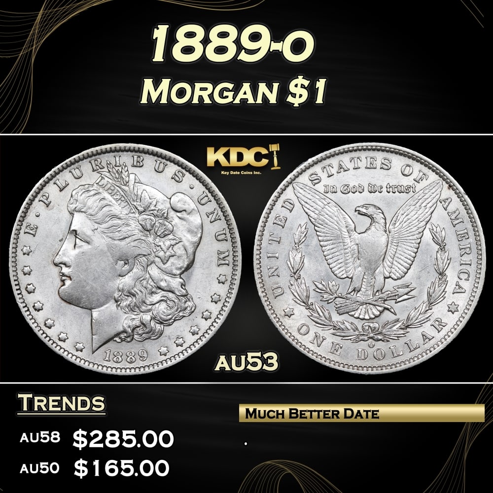 1889-o Morgan Dollar $1 Grades au53: 1889-o Morgan Dollar $1 Grades au53. 0 Historic precious metal trends is causing increased spot pricing by the day. On auctions with set openings, we are doing our best to have items priced at their m