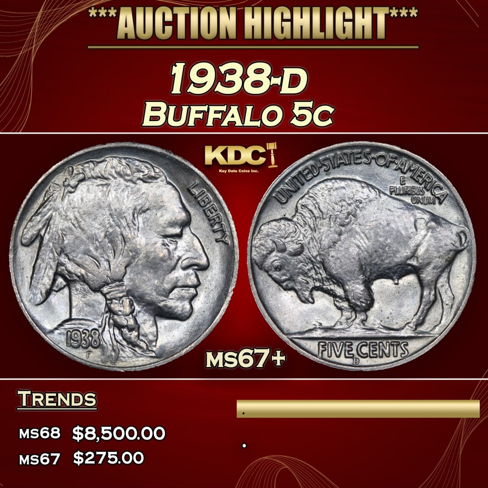 1938-d Buffalo Nickel 5c ms67+ SEGS: 1938-d Buffalo Nickel 5c ms67+ SEGS. 0 Historic precious metal trends is causing increased spot pricing by the day. On auctions with set openings, we are doing our best to have items priced at their m