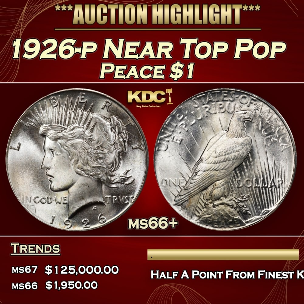 1926-p Peace Dollar Near Top Pop 1 ms66+ SEGS: 1926-p Near Top Pop Peace Dollar 1 ms66+ SEGS. Historic precious metal trends is causing increased spot pricing by the day. On auctions with set openings, we are doing our best to have items priced at
