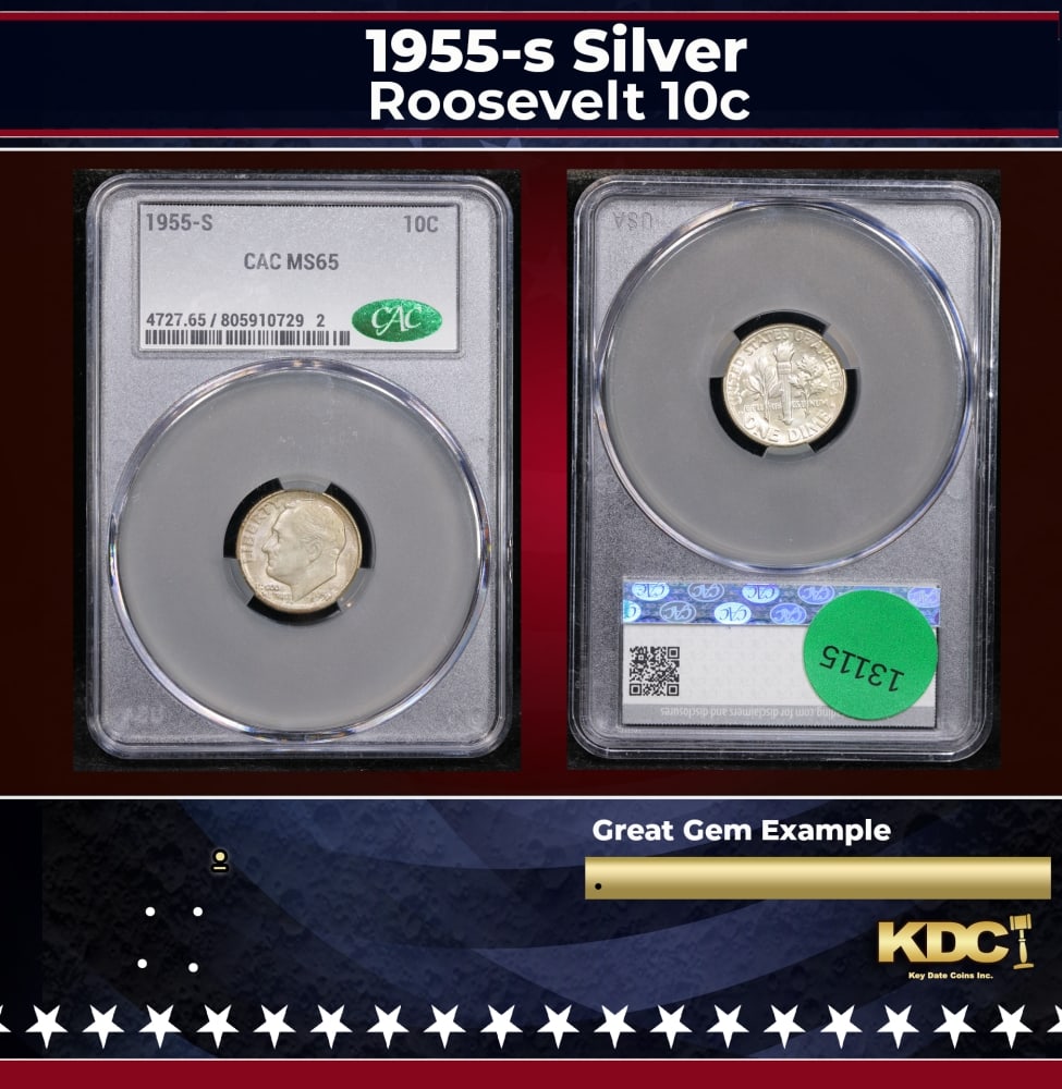 CACG 1955-s Roosevelt Dime Silver 10c ms65 CACG: CACG 1955-s Silver Roosevelt Dime 10c ms65 CACG. 0 Historic precious metal trends is causing increased spot pricing by the day. On auctions with set openings, we are doing our best to have items price