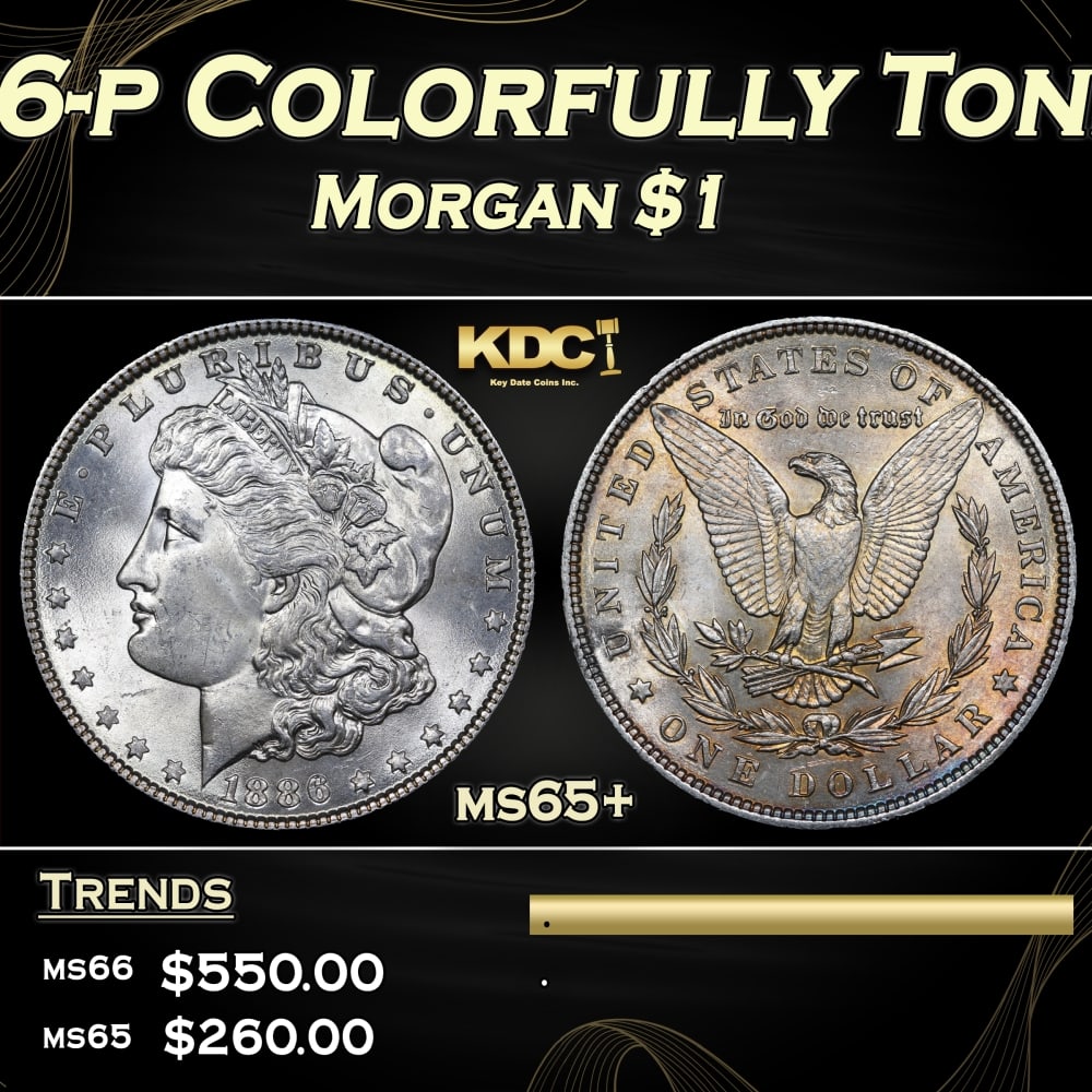 1886-p Morgan Dollar Colorfully Toned $1 Grades ms65+: 1886-p Colorfully Toned Morgan Dollar $1 Grades ms65+. 0 Historic precious metal trends is causing increased spot pricing by the day. On auctions with set openings, we are doing our best to have items