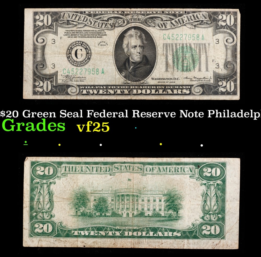 1934 $20 Green Seal Federal Reserve Note Philadelphia, PA Grades vf+: 1934 $20 Green Seal Federal Reserve Note Philadelphia, PA Grades vf+. Historic precious metal trends is causing increased spot pricing by the day. On auctions with set openings, we are doing our best