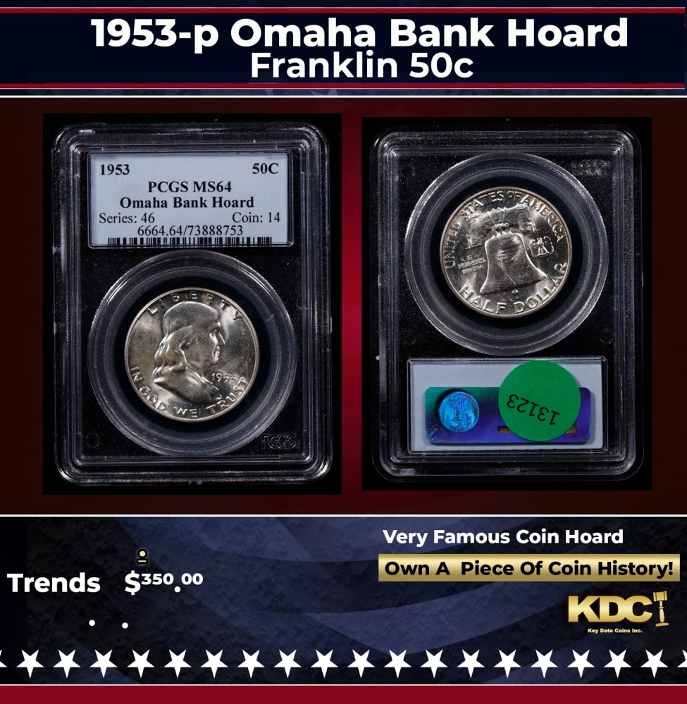 PCGS 1953-p Franklin Half Dollar Omaha Bank Hoard 50c ms64 PCGS: PCGS 1953-p Omaha Bank Hoard Franklin Half Dollar 50c ms64 PCGS. 0 TheOmaha Bank Hoard is a famous collection of over 320,000 U.S. coins, primarily in original bank rolls, assembled by an anonymous co