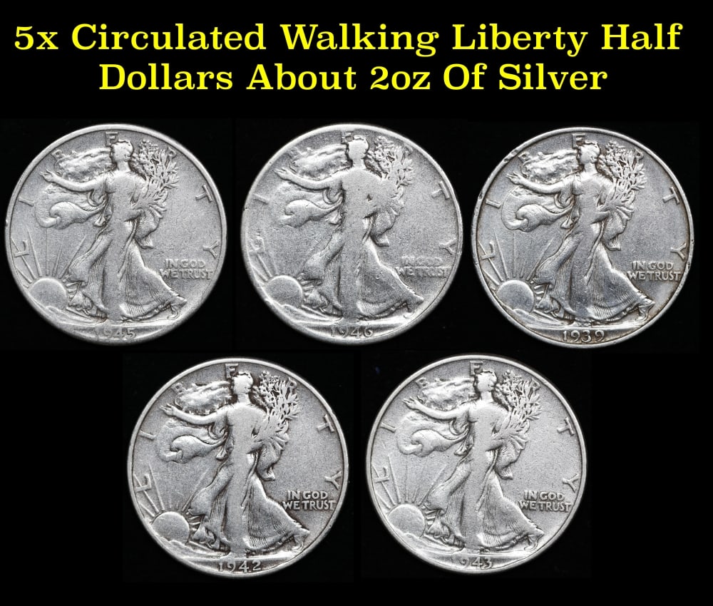 5x Circulated Walking Liberty Half Dollars About 2oz Of Silver: 5x Circulated Walking Liberty Half Dollars About 2oz Of Silver. 0 The Dates Are 1939-p, 1942-p, 1943-p, 1945-d, 1946-p Historic precious metal trends is causing increased spot pricing by the day. On a