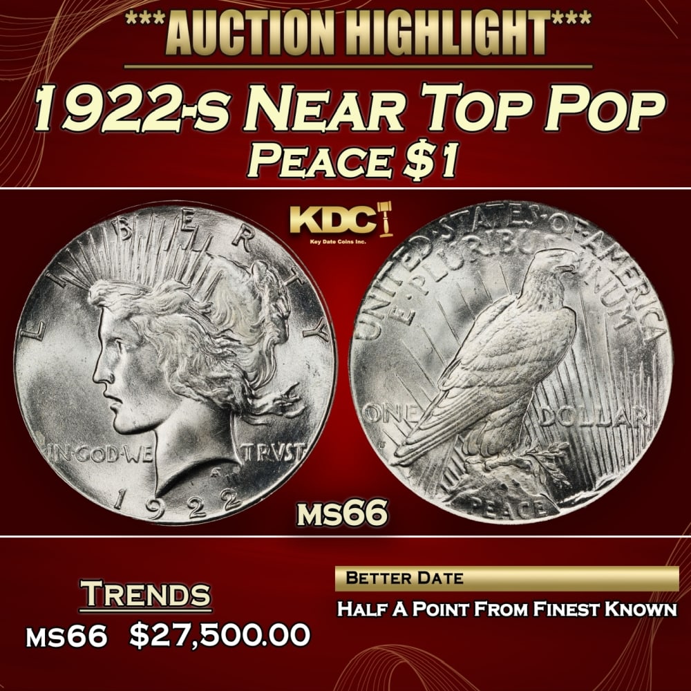 1922-s Peace Dollar Near Top Pop 1 ms66 SEGS: 1922-s Near Top Pop Peace Dollar 1 ms66 SEGS. Historic precious metal trends is causing increased spot pricing by the day. On auctions with set openings, we are doing our best to have items priced at
