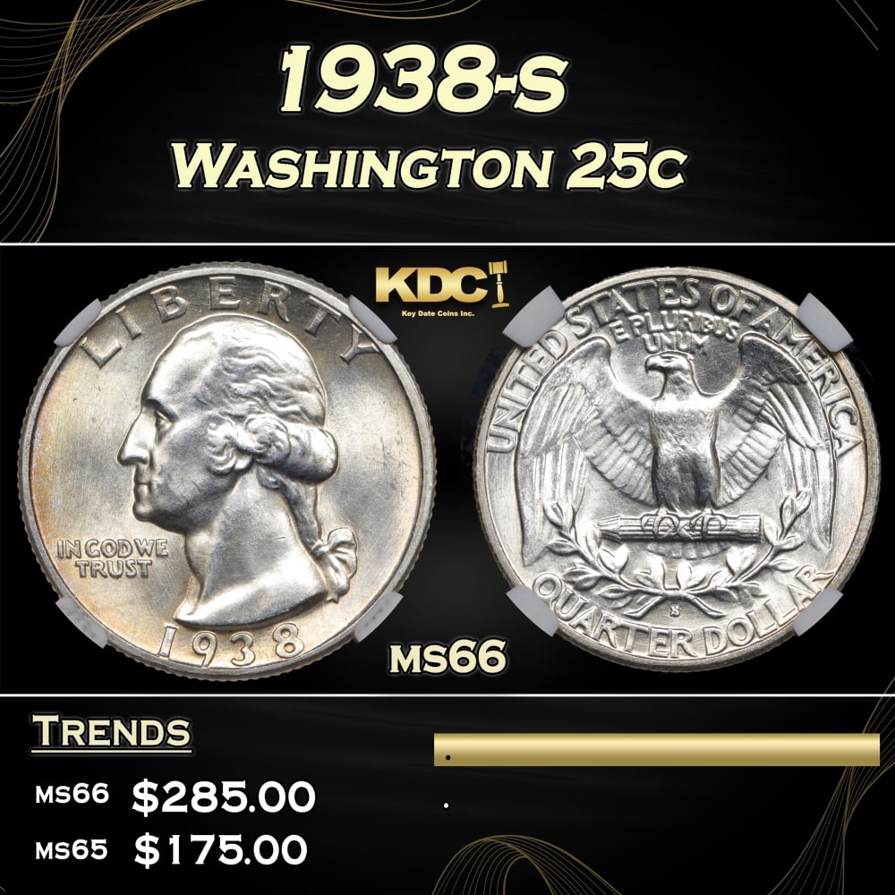 1938-s Washington Quarter 25c ms66 PGA: 1938-s Washington Quarter 25c ms66 PGA. 0 Historic precious metal trends is causing increased spot pricing by the day. On auctions with set openings, we are doing our best to have items priced at thei