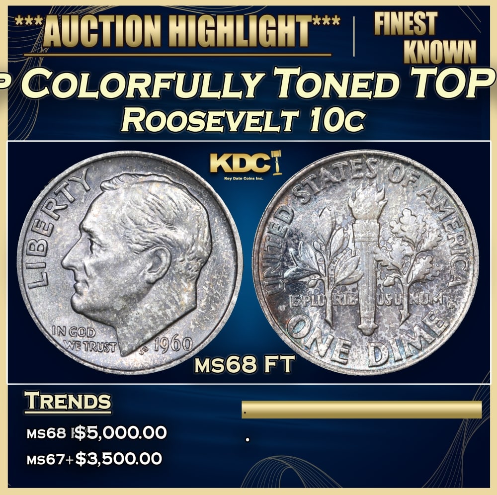 1960-p Roosevelt Dime Colorfully Toned TOP POP! 10c ms68 FT SEGS: 1960-p Colorfully Toned TOP POP! Roosevelt Dime 10c ms68 FT SEGS. 0 Historic precious metal trends is causing increased spot pricing by the day. On auctions with set openings, we are doing our best to