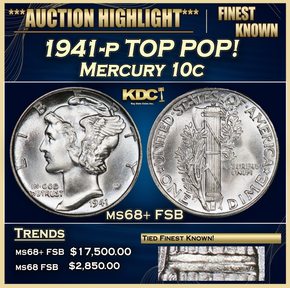 1941-p Mercury Dime TOP POP! 10c ms68+ FSB SEGS: 1941-p TOP POP! Mercury Dime 10c ms68+ FSB SEGS. Historic precious metal trends is causing increased spot pricing by the day. On auctions with set openings, we are doing our best to have items priced