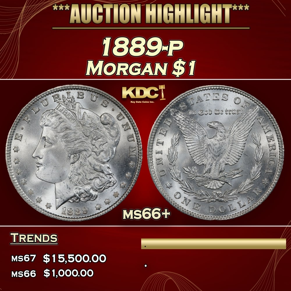 1889-p Morgan Dollar $1 ms66+ SEGS: 1889-p Morgan Dollar $1 ms66+ SEGS. Historic precious metal trends is causing increased spot pricing by the day. On auctions with set openings, we are doing our best to have items priced at their mark