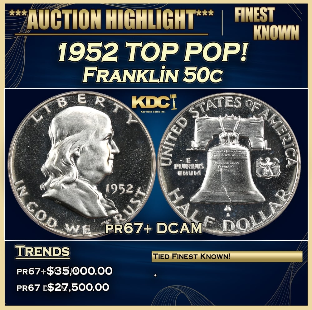1952 Proof Franklin Half Dollar TOP POP! 50c pr67+ DCAM SEGS: 1952 TOP POP! Franklin Half Dollar 50c pr67+ DCAM SEGS. 0 Historic precious metal trends is causing increased spot pricing by the day. On auctions with set openings, we are doing our best to have item