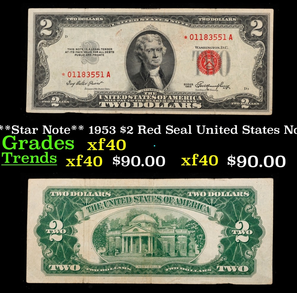 **Star Note** 1953 $2 Red Seal United States Note Grades xf (1 of 3)