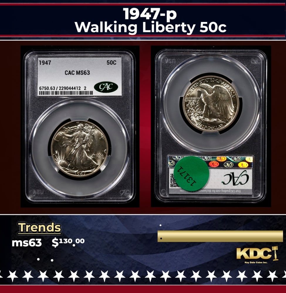 CACG 1947-p Walking Liberty Half Dollar 50c ms63 CACG: CACG 1947-p Walking Liberty Half Dollar 50c ms63 CACG. 0 Historic precious metal trends is causing increased spot pricing by the day. On auctions with set openings, we are doing our best to have items