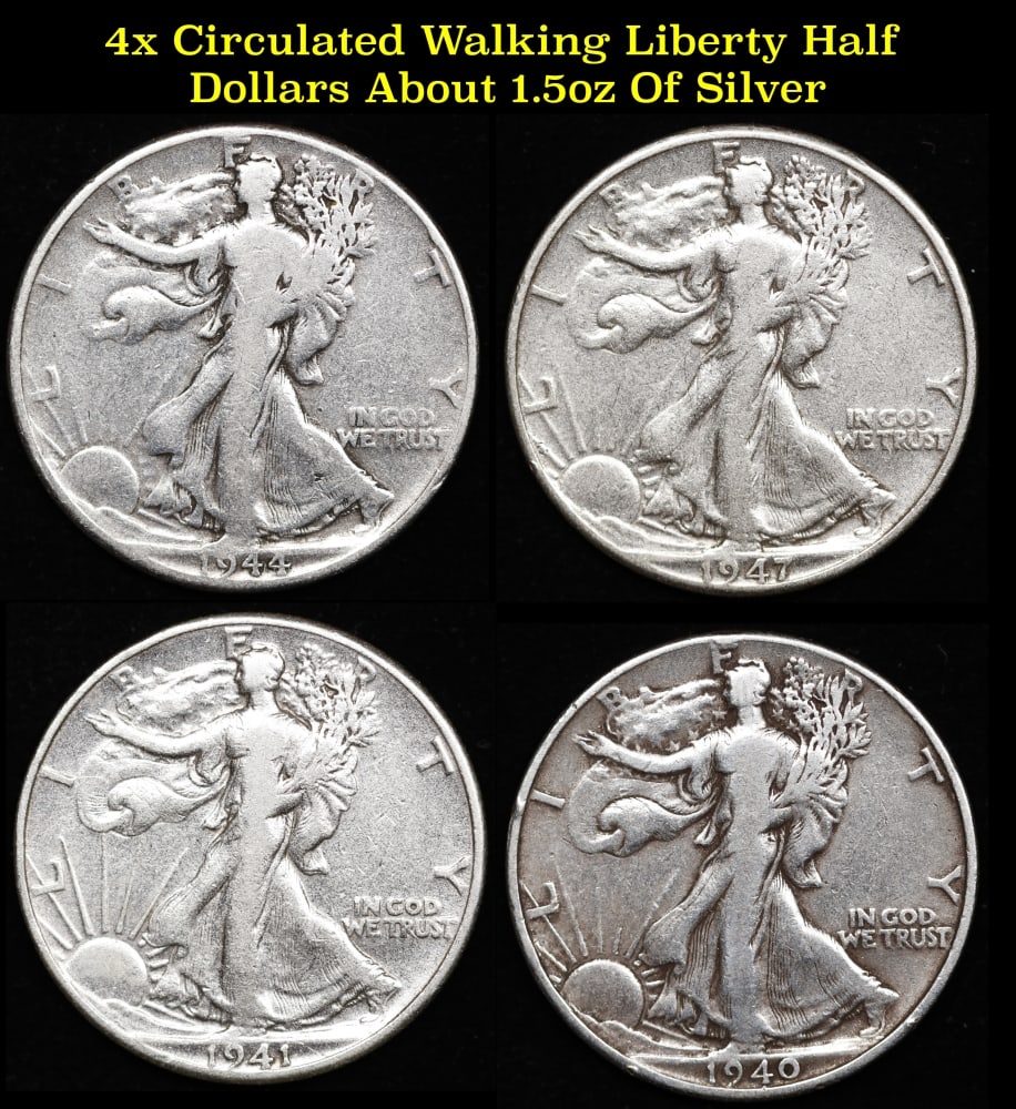 4x Circulated Walking Liberty Half Dollars About 1.5oz Of Silver: 4x Circulated Walking Liberty Half Dollars About 1.5oz Of Silver. 0 The Dates Are 1940-p, 1941-p, 1944-p, 1947-d Historic precious metal trends is causing increased spot pricing by the day. On auction