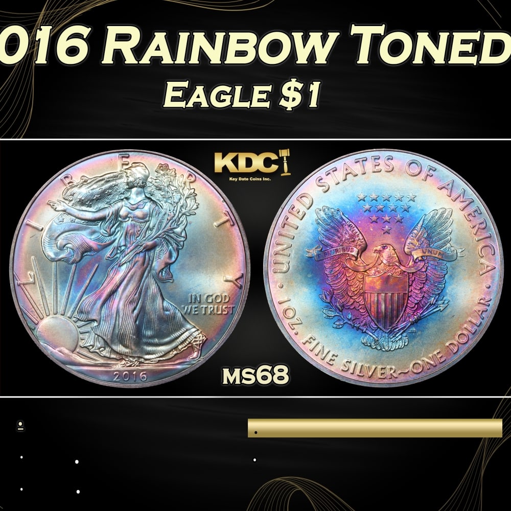 2016 Silver Eagle Dollar Rainbow Toned $1 Grades ms68: 2016 Rainbow Toned Silver Eagle Dollar $1 Grades ms68. 0 Historic precious metal trends is causing increased spot pricing by the day. On auctions with set openings, we are doing our best to have items
