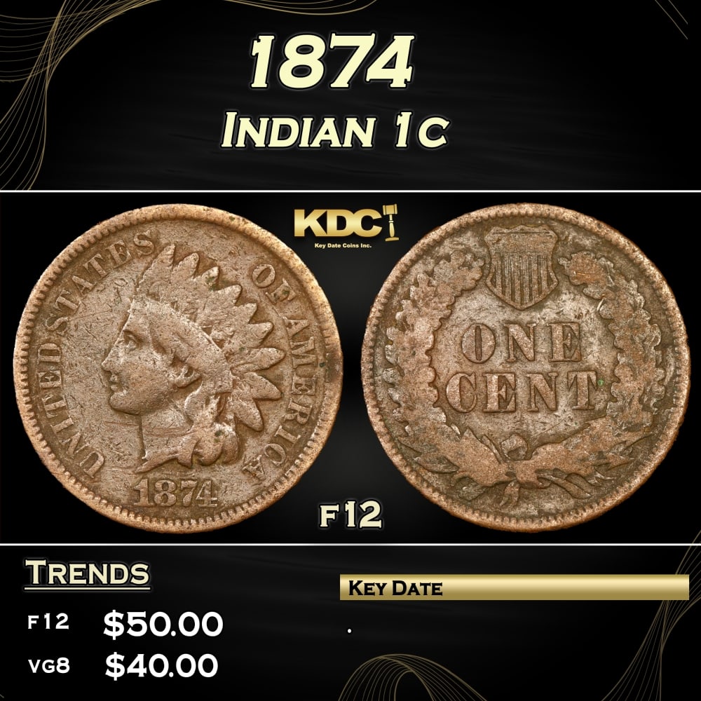 1874 Indian Cent 1c f12 SEGS: 1874 Indian Cent 1c f12 SEGS. According to Jaime Hernandez from PCGS, The 1874 Indian Cent is somewhat of a scarcer issue. Semi key date that in circulated grades carries a premium over the type coins