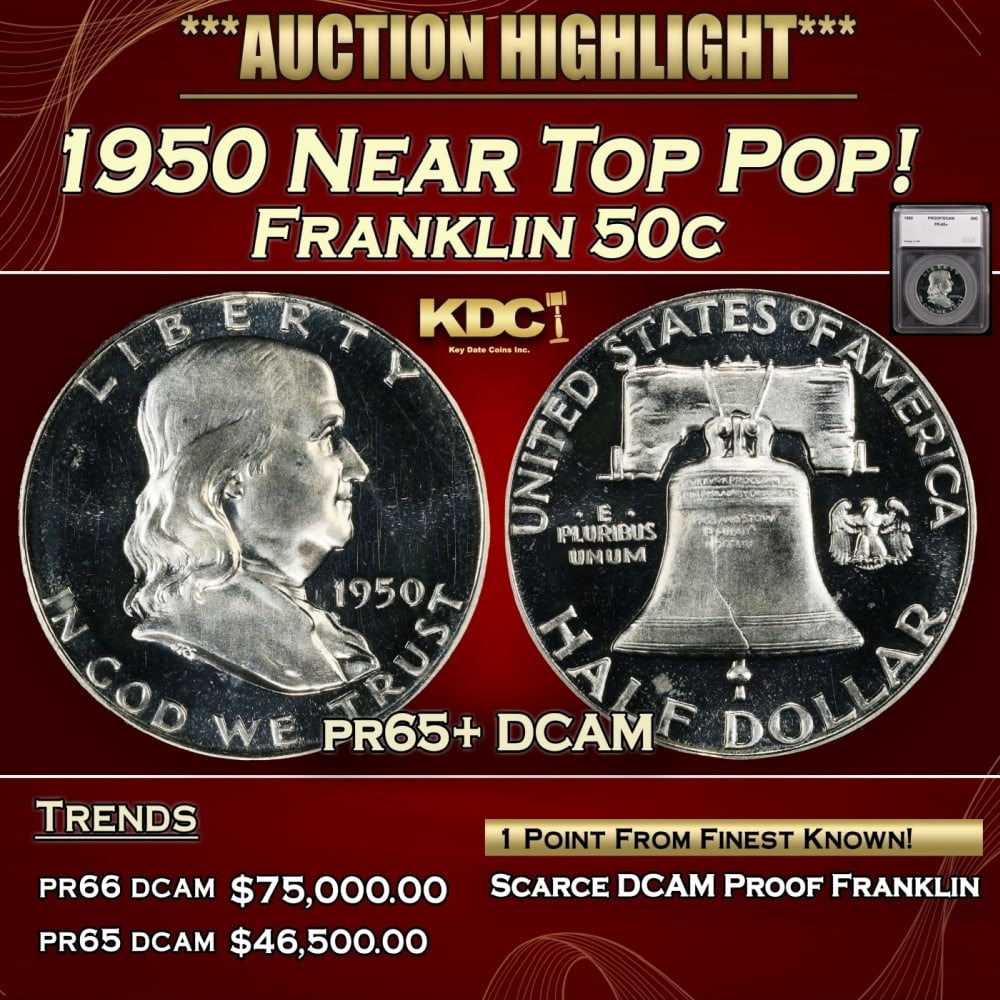 1950 Proof Franklin Half Dollar Near Top Pop! 50c pr65+ DCAM SEGS: 1950 Near Top Pop! Franklin Half Dollar 50c pr65+ DCAM SEGS. Historic precious metal trends is causing increased spot pricing by the day. On auctions with set openings, we are doing our best to have i