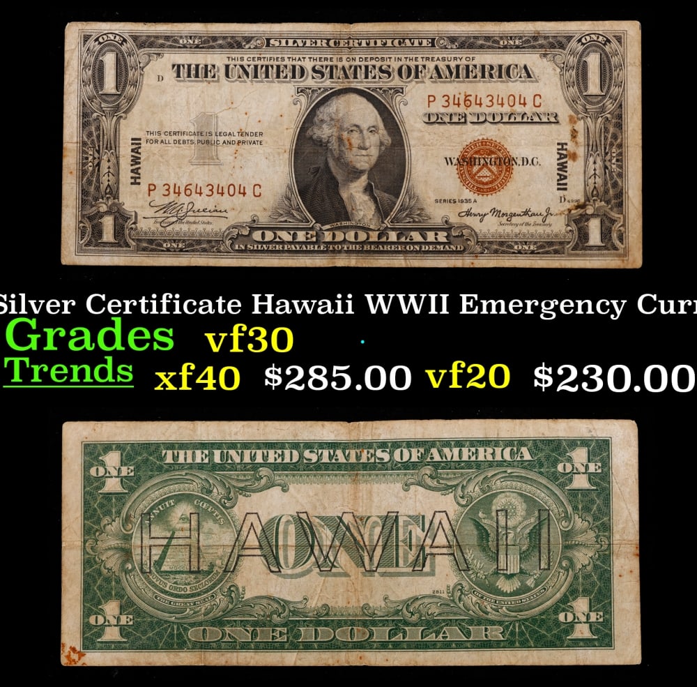 1935A $1 Silver Certificate Hawaii WWII Emergency Currency Grades vf++ Block: 1935A $1 Silver Certificate Hawaii WWII Emergency Currency Grades vf++ Block. FR-2300 The $1 Hawaii Note Came in 7 Blocks the SC Block Which is the most common, The LC, PC, CC, and YB Blocks are All e