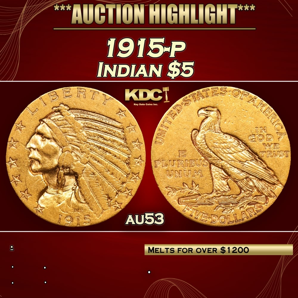 1915-p Gold Indian Half Eagle $5 au53 SEGS: 1915-p Gold Indian Half Eagle $5 au53 SEGS. 0 Historic precious metal trends is causing increased spot pricing by the day. On auctions with set openings, we are doing our best to have items priced at