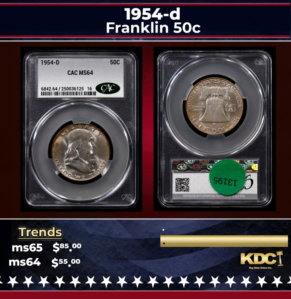 CACG 1954-d Franklin Half Dollar 50c ms64 CACG: CACG 1954-d Franklin Half Dollar 50c ms64 CACG. 0 Historic precious metal trends is causing increased spot pricing by the day. On auctions with set openings, we are doing our best to have items priced