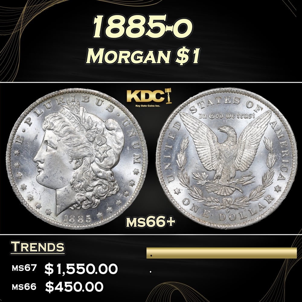 1885-o Morgan Dollar $1 ms66+ SEGS: 1885-o Morgan Dollar $1 ms66+ SEGS. A Key Date's Pick, Bid to Win, Don't let it get Away, you might not find its equal Coin. I give this coin my highest recommendationHistoric precious metal trends is