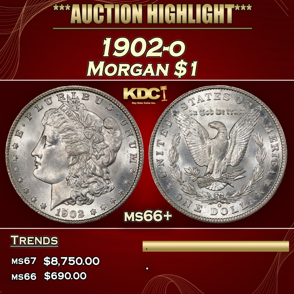 1902-o Morgan Dollar $1 ms66+ SEGS: 1902-o Morgan Dollar $1 ms66+ SEGS. Historic precious metal trends is causing increased spot pricing by the day. On auctions with set openings, we are doing our best to have items priced at their mark