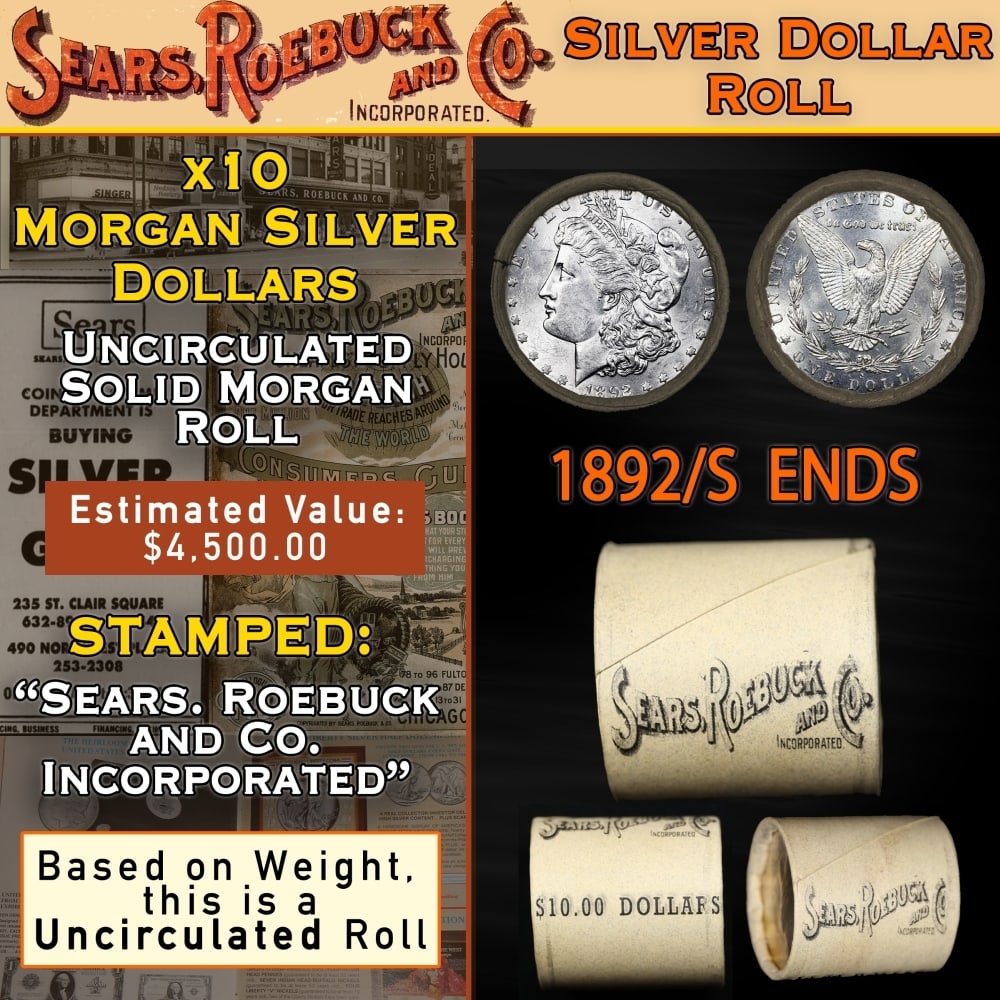 10 Coin SEARS UNC Morgan Silver Dollar $1 Roll 1892/'S' Rev Ends: 10 Coin SEARS UNC Morgan Silver Dollar $1 Roll 1892/'S' Rev Ends. Up For Auction is a 47- 10 Coin SEARS UNC Morgan Silver Dollar $1 Roll 1892/'P' Rev Ends Roll Weighing 270.5 g Based On this weight th