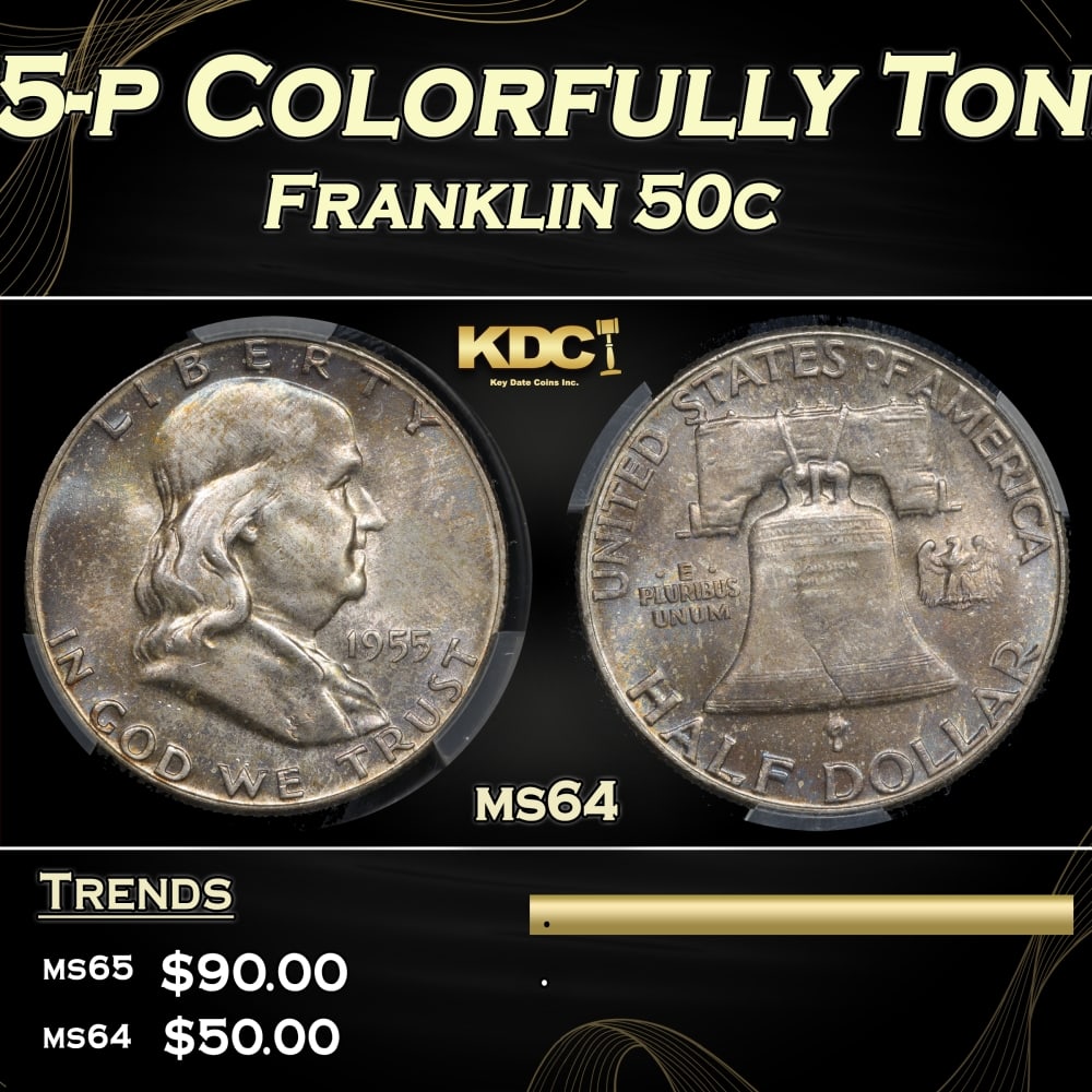 CACG 1955-p Franklin Half Dollar Colorfully Toned 50c ms64 CACG: CACG 1955-p Colorfully Toned Franklin Half Dollar 50c ms64 CACG. 0 Historic precious metal trends is causing increased spot pricing by the day. On auctions with set openings, we are doing our best to