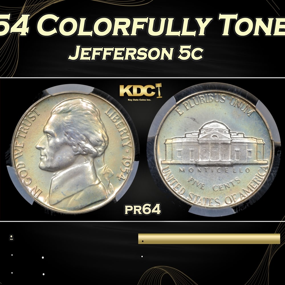 CACG 1954 Proof Jefferson Nickel Colorfully Toned 5c pr64 CACG: CACG 1954 Colorfully Toned Jefferson Nickel 5c pr64 CACG. 0 Historic precious metal trends is causing increased spot pricing by the day. On auctions with set openings, we are doing our best to have it
