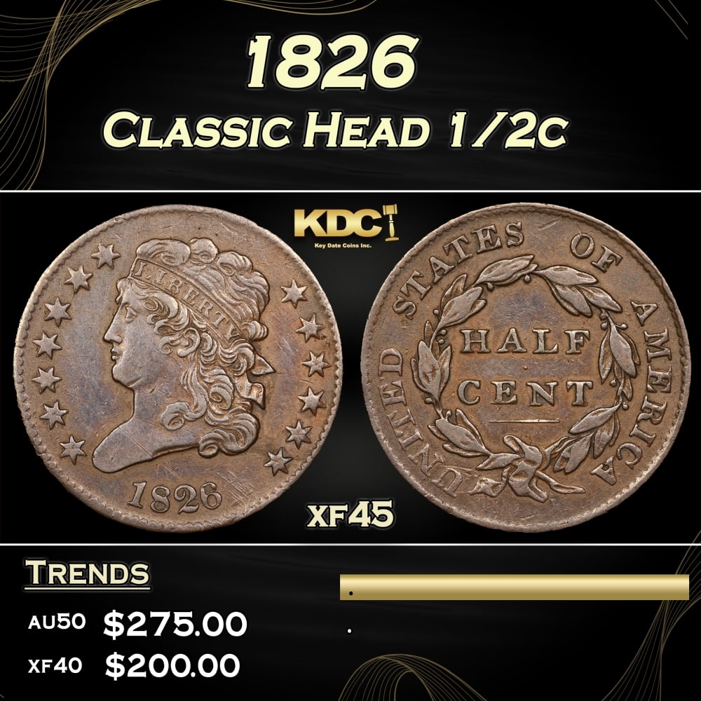 1826 Classic Head half cent 1/2c xf45 SEGS: 1826 Classic Head half cent 1/2c xf45 SEGS. 0 Historic precious metal trends is causing increased spot pricing by the day. On auctions with set openings, we are doing our best to have items priced at