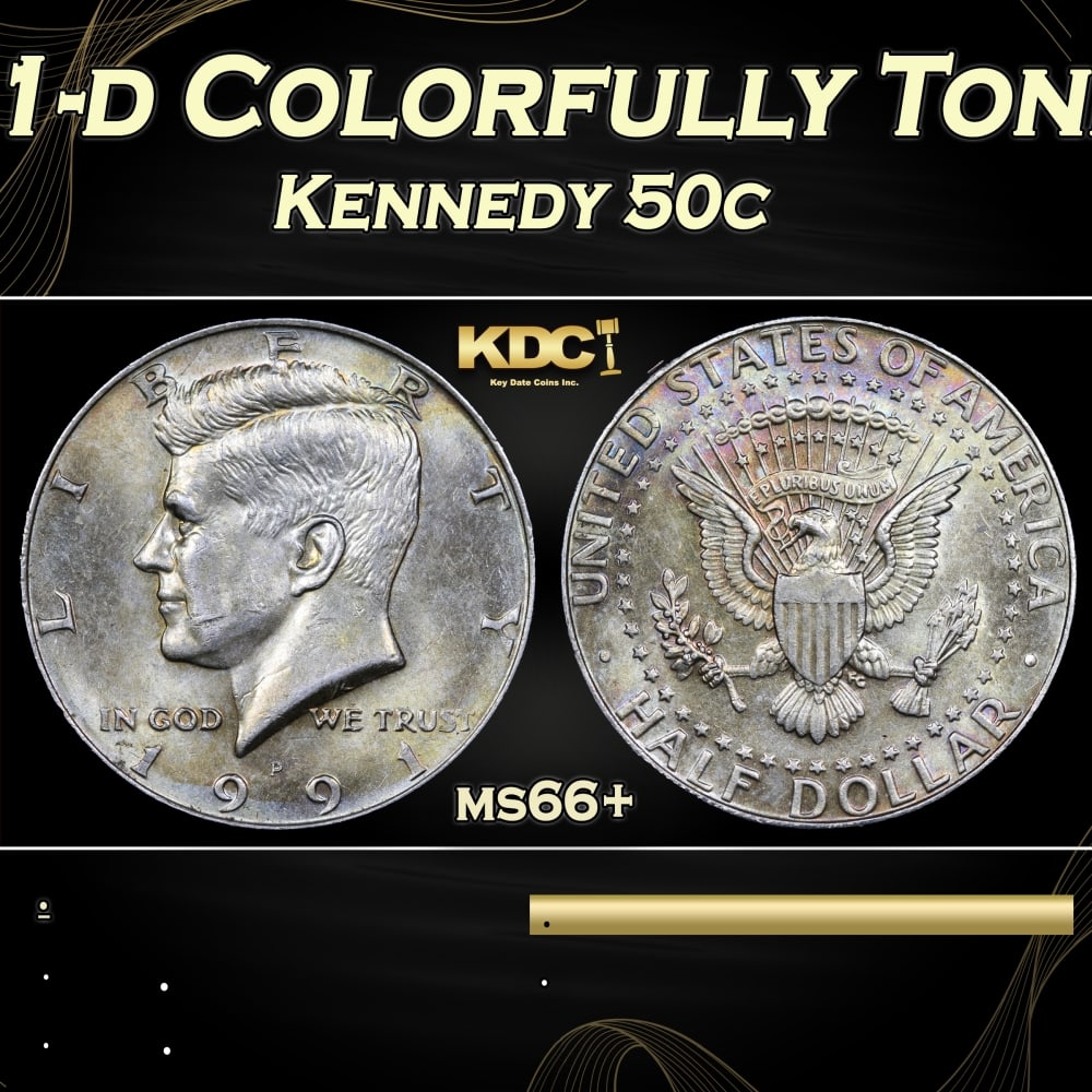 1991-d Kennedy Half Dollar Colorfully Toned 50c Grades ms66+: 1991-d Colorfully Toned Kennedy Half Dollar 50c Grades ms66+. A Key Date's Pick, Bid to Win, Don't let it get Away, you might not find its equal Coin. I give this coin my highest recommendationHistori