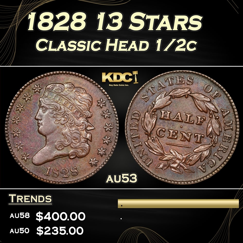1828 13 Stars Classic Head half cent 1/2c Grades au53 (1 of 3)
