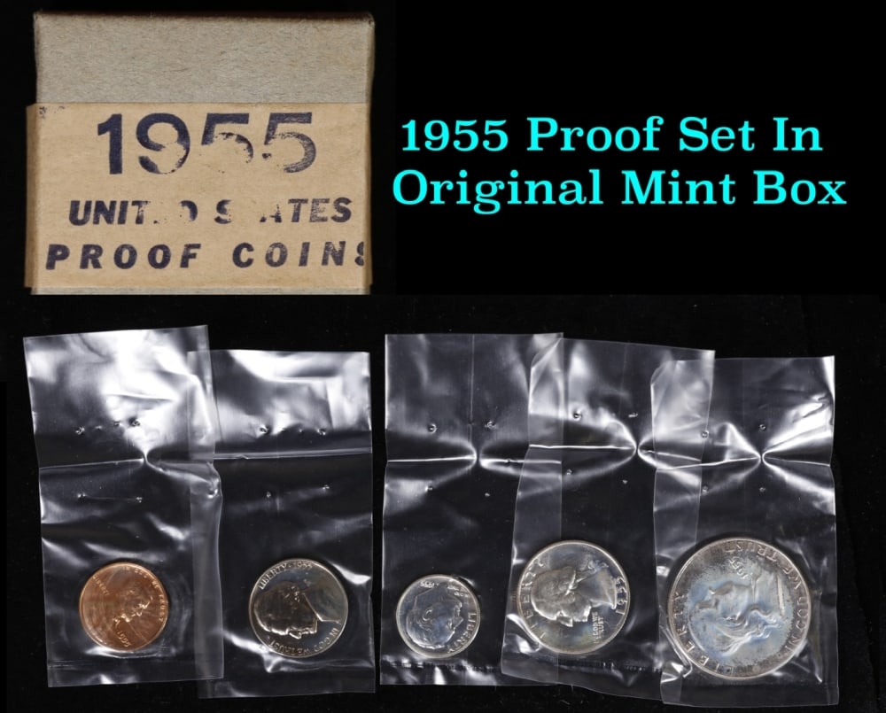 1955 United States Mint Proof Set - 5 Coins Included - Original Box: 1955 United States Mint Proof Set - 5 Coins Included - Original Box. 1955 United States Mint Proof Set with 5 coins. "Post-War" proof sets from 1950 to 1964 were produced exclusively at the Philadelph