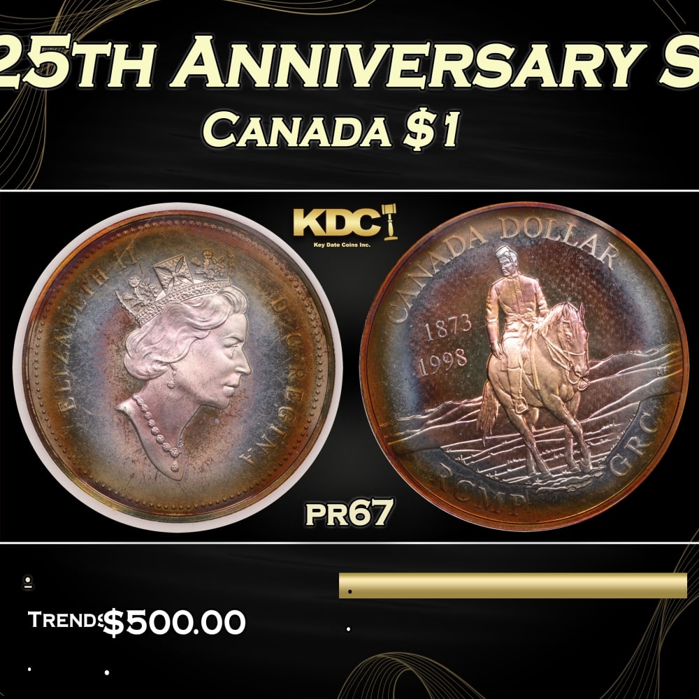 1992 Royal Mounted Police 125th Anniversary Silver Km-306 Proof Canada $1 Rainbow Toned pr67 PCI: 1992 Royal Mounted Police 125th Anniversary Silver Km-306 Rainbow Toned Canada $1 pr67 PCI. 0 Historic precious metal trends is causing increased spot pricing by the day. On auctions with set openings