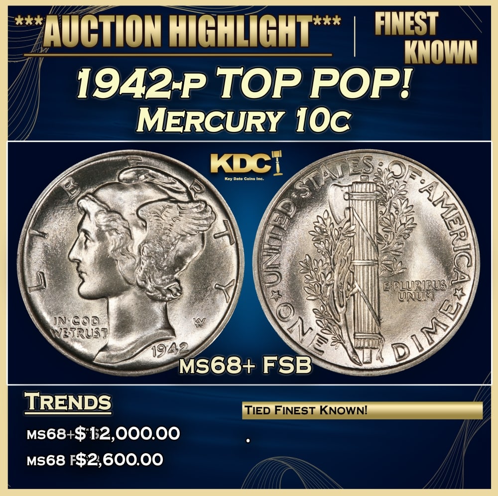 1942-p Mercury Dime TOP POP! 10c ms68+ FSB SEGS: 1942-p TOP POP! Mercury Dime 10c ms68+ FSB SEGS. Historic precious metal trends is causing increased spot pricing by the day. On auctions with set openings, we are doing our best to have items priced